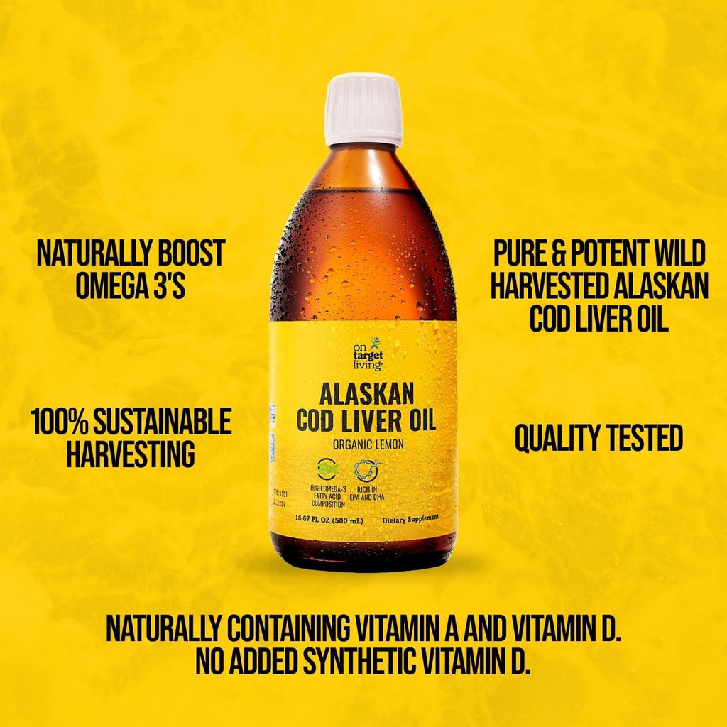 On Target Living Alaskan Cod Liver Oil Organic Lemon Flavor 16.67 oz (2-Pack) | Line Caught in The USA | Naturally Occurring Vitamin D | Rich in Omega 3 DHA/EPA | Non-GMO Project Certified