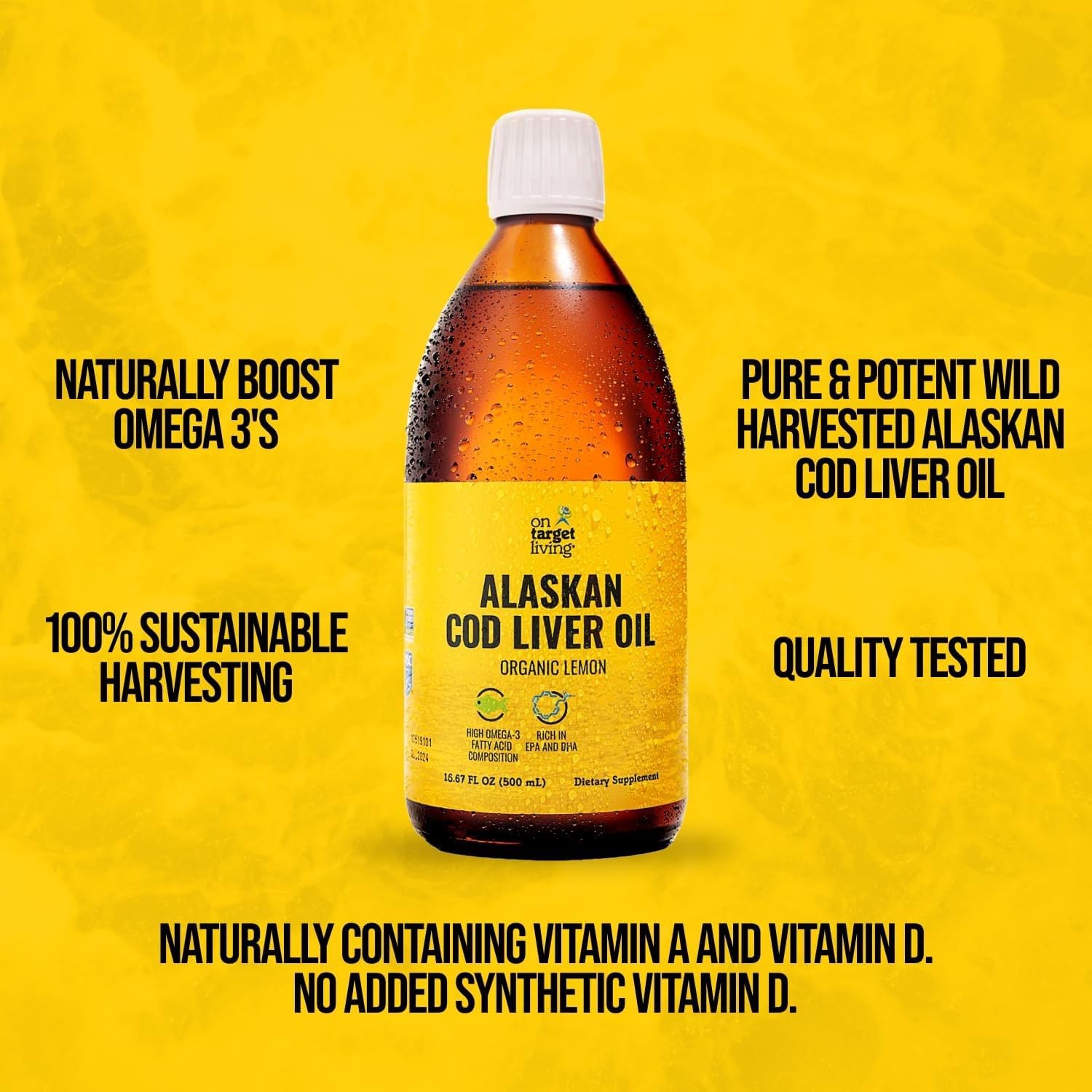 On Target Living Alaskan Cod Liver Oil Liquid | Organic Lemon Flavor 16.67 oz | Line Caught in The USA | Naturally Occurring Vitamin D | Rich in Omega 3 DHA/EPA | Non-GMO Project Certified