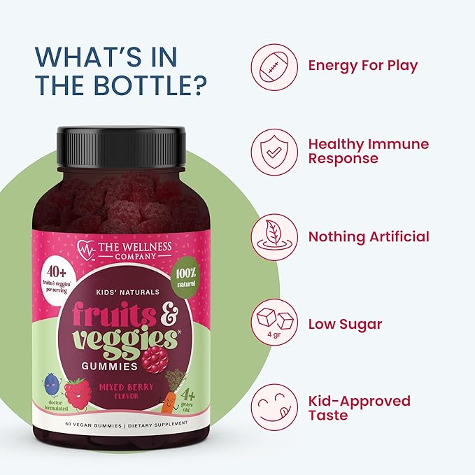 The Wellness Company Kids Naturals Fruits & Veggie Gummies – Daily Nutrition Support | 120ct (2 Month Supply)