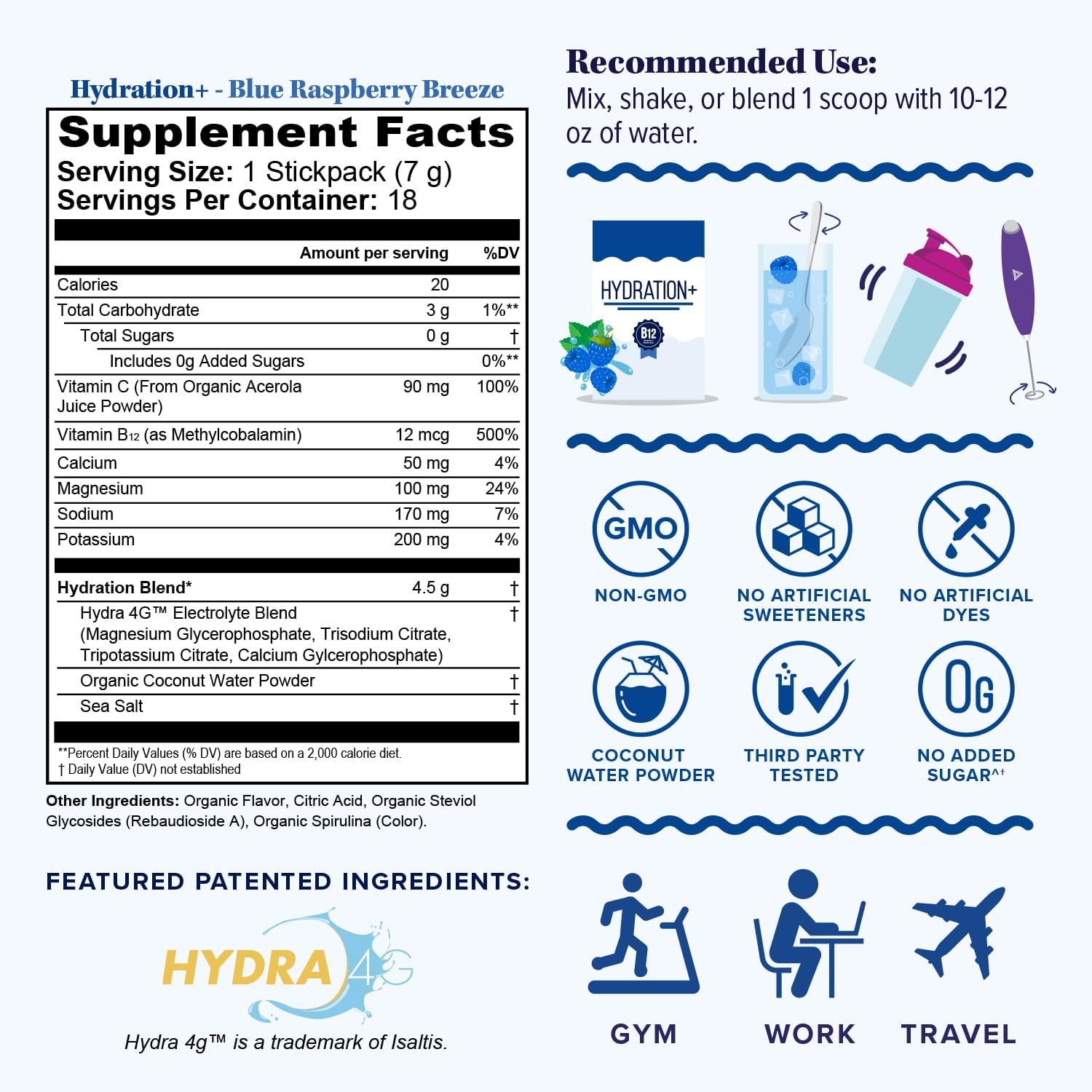 Hydration Electrolyte Powder Packets Blend Magnesium Calcium Sodium Potassium | Coconut Water + Vitamin C & B12 | Sugar-Free, Vegan, Non-GMO, Energy & Immune Support, 18 Servings Blue Raspberry Flavor