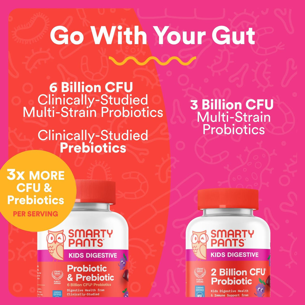 SmartyPants Kids Probiotic & Prebiotic Gummies for Digestive Health: Gut Health Supplement, Clinically Studied Prebiotic for Immune Support, Grape, 60 Count (30 Day Supply)