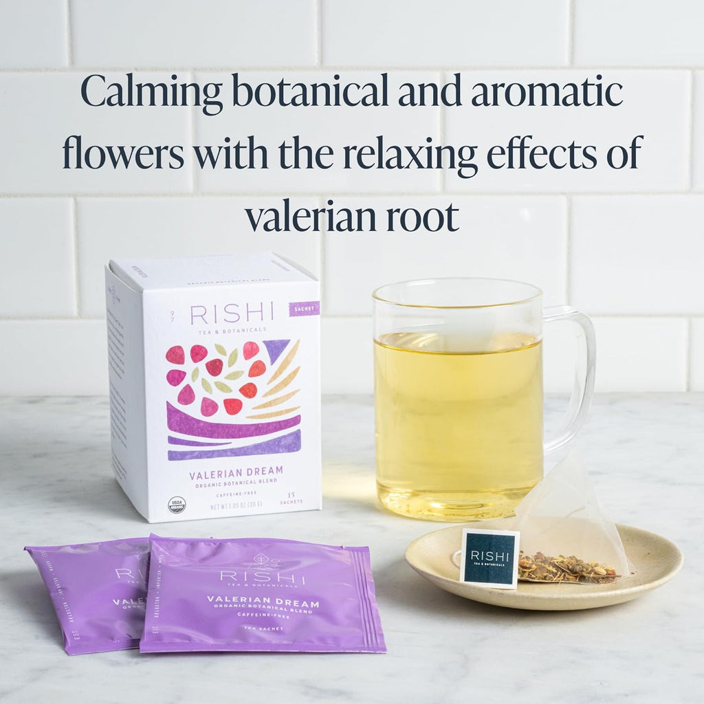 Rishi Tea Valerian Dream Herbal Tea - Organic Sachet Bags, Caffeine Free, Calming Botanical Blend with Valerian Root - 15 Count (Pack of 6)