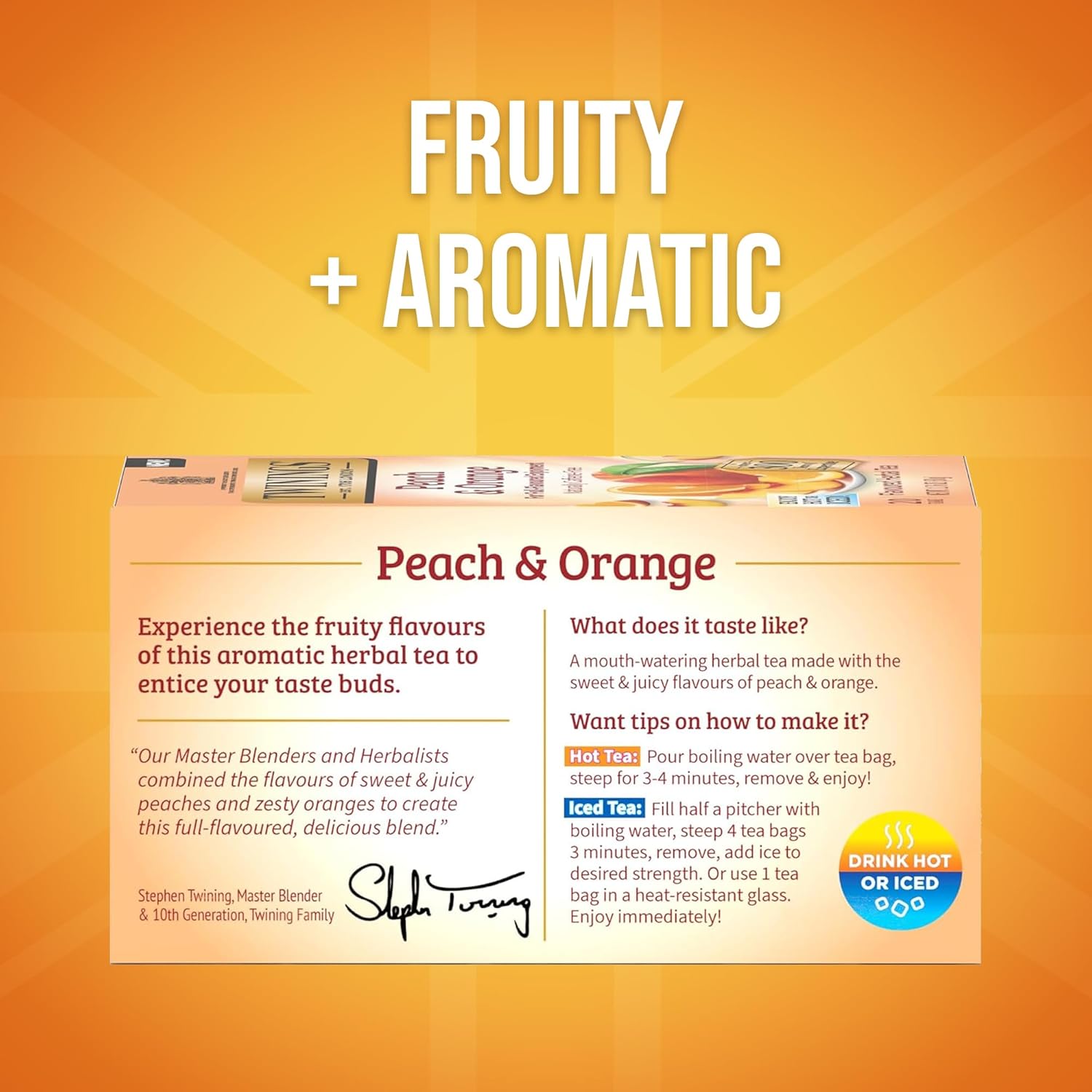 Twinings Peach & Orange Herbal Tea Individually Wrapped Bags, 20 Count (Pack of 2), Juicy & Fruity, Naturally Caffeine-Free, Enjoy Hot or Iced, 20 Teabags