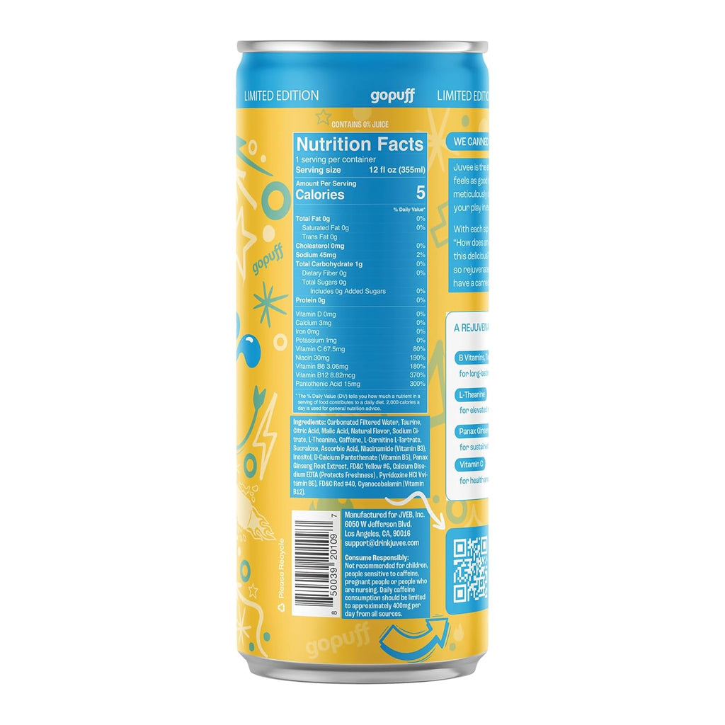 Juvee Rejuvenating Energy Drink. Sugar Free Energy Drinks. Taurine, Vitamin B12, Vitamin B6. 128 Mg Of Caffeine. L-Theanine For Mood Support. Panax Ginseng For Focus. Vitamin C For Immune Support. Gluten Free 12 oz - 12 Pack - Peachy Mangopuff