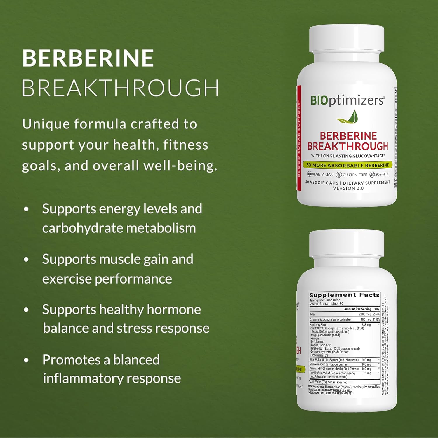 BIOptimizers Berberine Breakthrough 2.0 Supplement - 40 Capsules - Vegetarian, Gluten- and Soy-Free