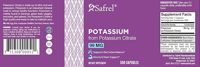 Safrel | Potassium Citrate Capsules | 500 mg Potassium Citrate + 99 mg Potassium | 500 Servings | Electrolyte Balance Support | Vegan Non-GMO | Gluten Free Halal