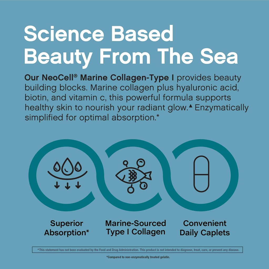 NeoCell Marine Collagen Peptides Supplement | 180 Caplets | with Hyaluronic Acid | Double Strength Formula | Nails, Skin, & Hair