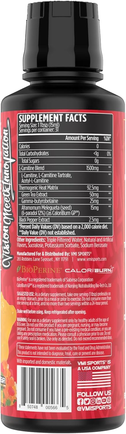 VMI Sports L-Carnitine 1500 Heat Liquid Enhanced Thermogenic | 1500 mg Carnitine | Maximum Absorption Formula | Great Taste for Men & Women | 31 Servings (Gummy Bear)