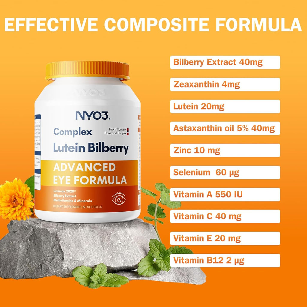 Eye Vitamins with Lutein and Zeaxanthin,Patented Eye Formula,Recommended by NIH,Advanced Bilberry & Astaxanthin,Vitamins A, C, E, B12 & Minerals, Eye Health & Vision Protection, 60 Softgels
