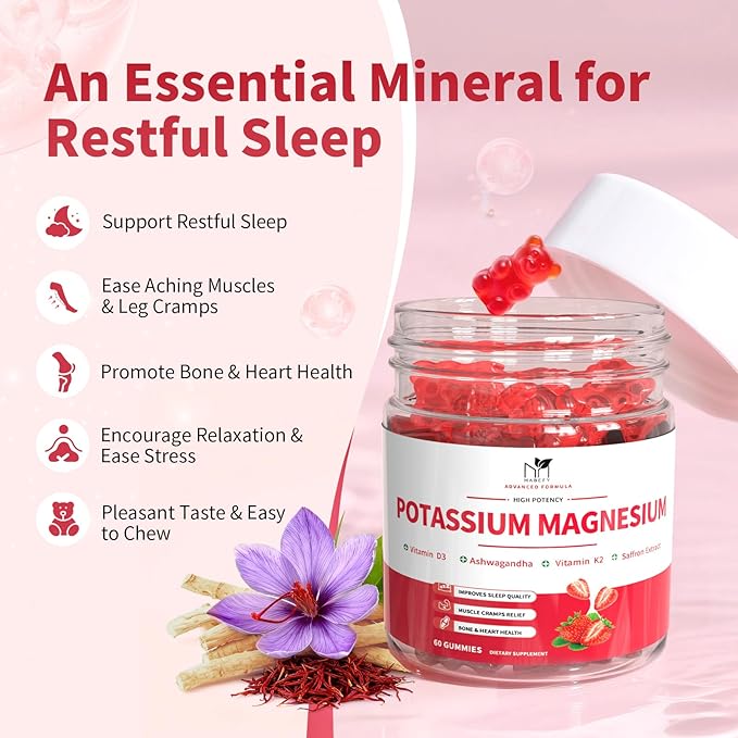 2 Pack Potassium Magnesium Gummies, Sugar Free Potassium Supplement Magnesium Glycinate 500mg, Ashwagandha, Vitamins D3, C, B6, Calcium & Zinc for Sleep, Leg Cramps & Muscle Relaxation-120 Count