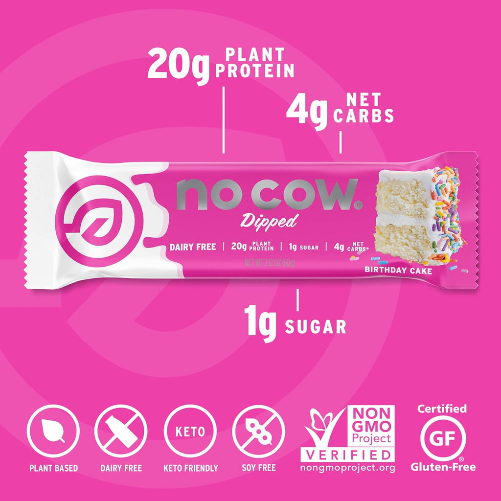 No Cow High Protein Bars, Dipped Birthday Cake - Healthy Snacks, 20g Vegan Protein, High Fiber, Low Sugar, Keto Friendly, Dairy & Gluten Free (12 Count)