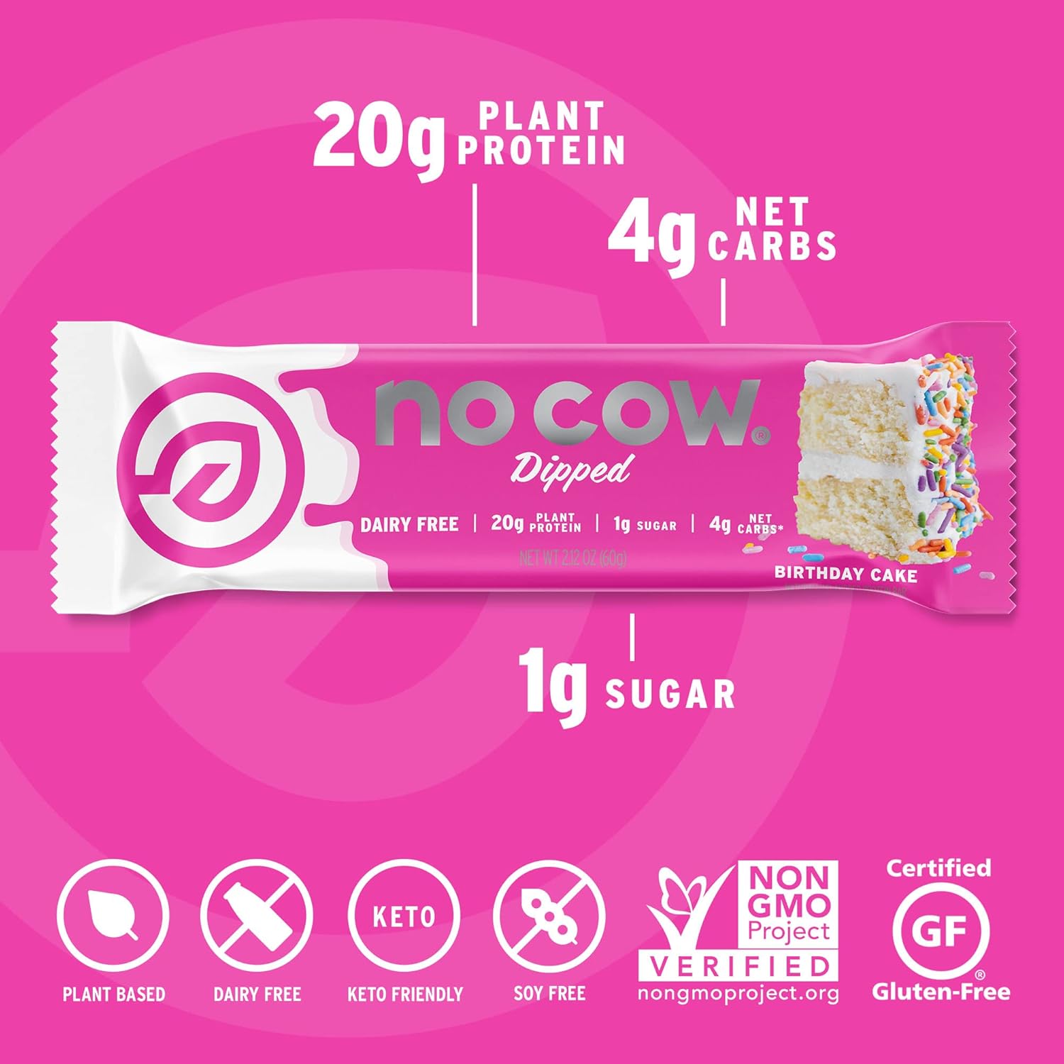 No Cow High Protein Bars, Dipped Birthday Cake - Healthy Snacks, 20g Vegan Protein, High Fiber, Low Sugar, Keto Friendly, Dairy & Gluten Free (12 Count)