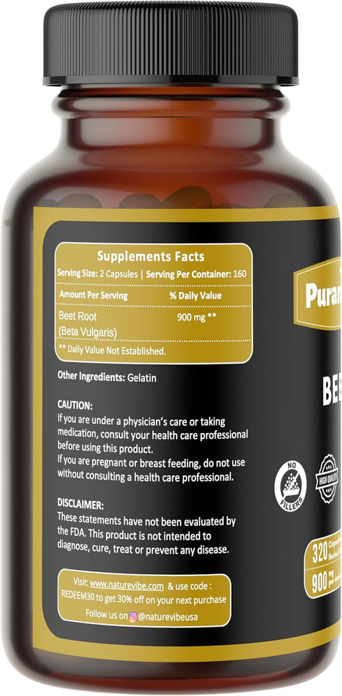Beet Premium 320 Capsules Nitric Oxide Booster | Herbal Supplement | 900 mg Per Serving | Made with 100% Pure Beetroot Powder (Beta Vulgaris)