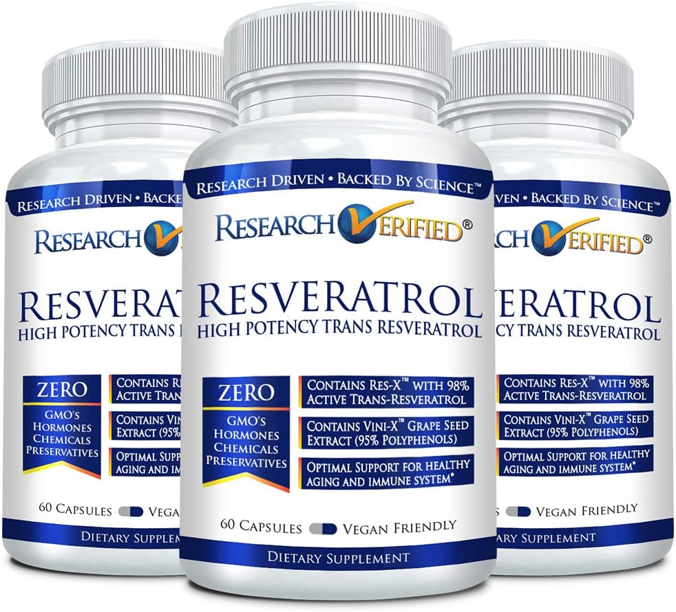 Research Verified Resveratrol - 98% Trans-Resveratrol 1000 mg, Anti-Aging Support - 60 Capsules per Bottle - 3 Bottles