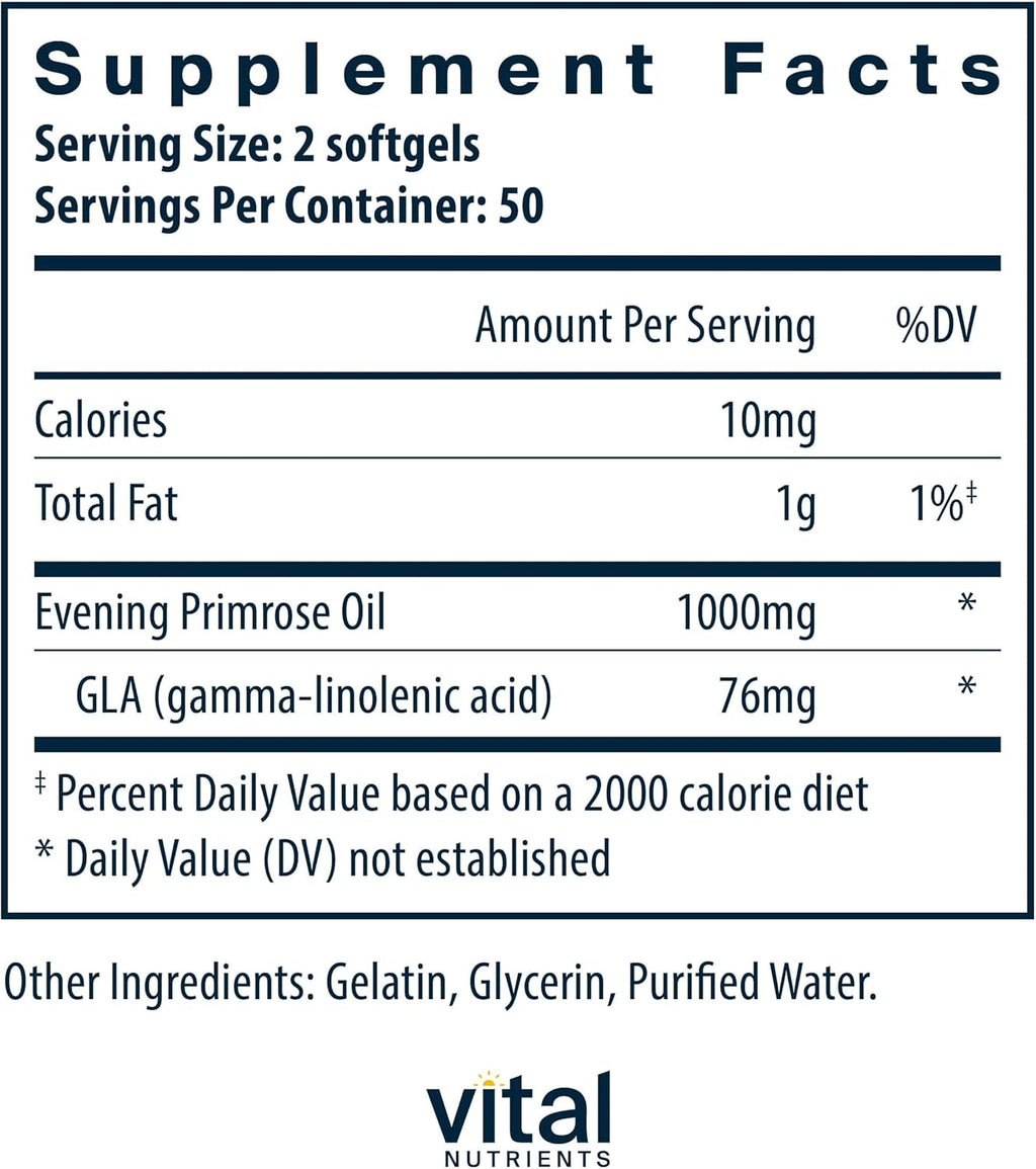 Vital Nutrients Evening Primrose Oil 1000mg | Primrose Supplement for Women | GLA Omega-6 Fatty Acid for Skin and PMS Support* | Gluten, Dairy, Soy Free | Non-GMO | 100 Softgels