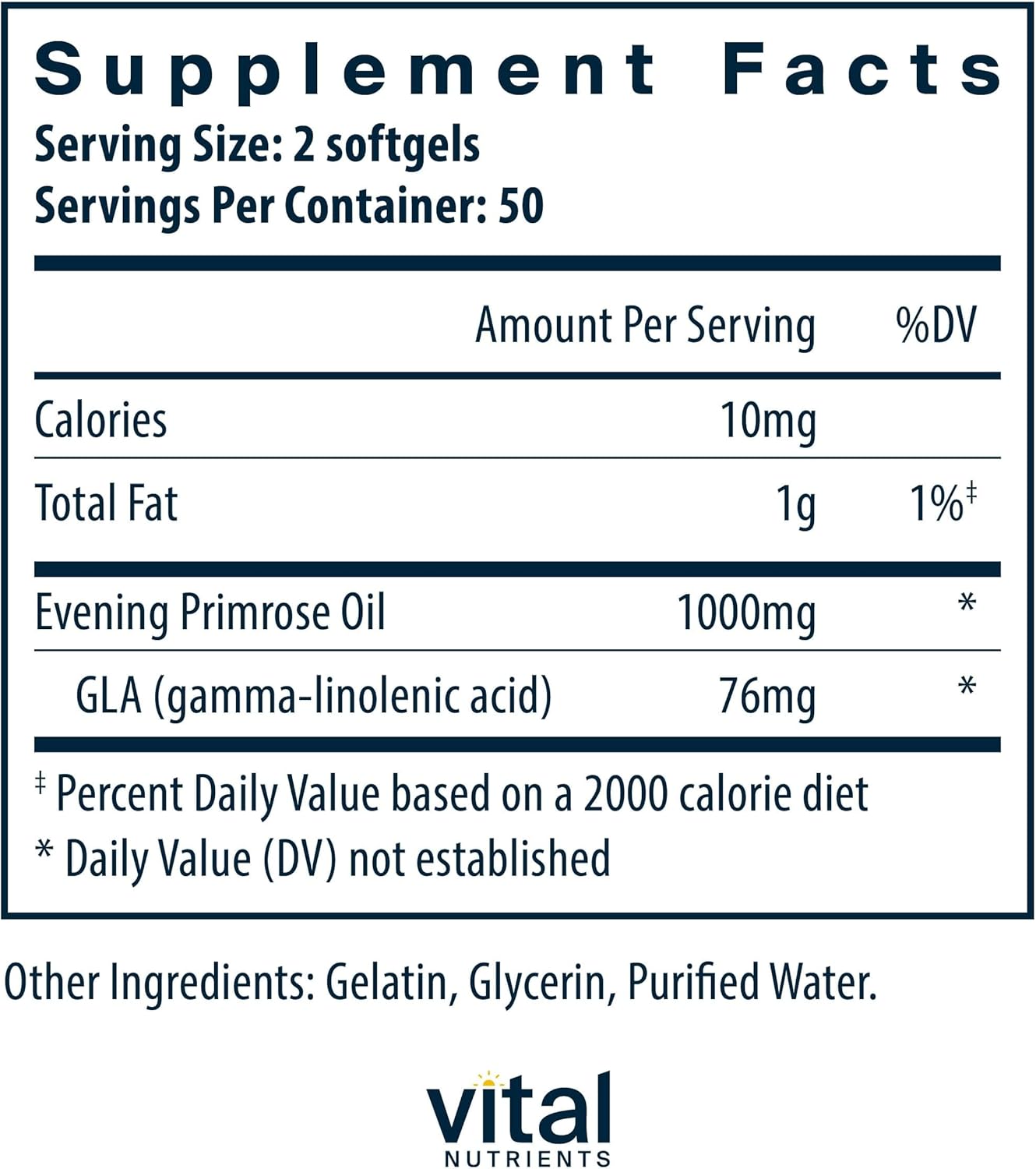 Vital Nutrients Evening Primrose Oil 1000mg | Primrose Supplement for Women | GLA Omega-6 Fatty Acid for Skin and PMS Support* | Gluten, Dairy, Soy Free | Non-GMO | 100 Softgels