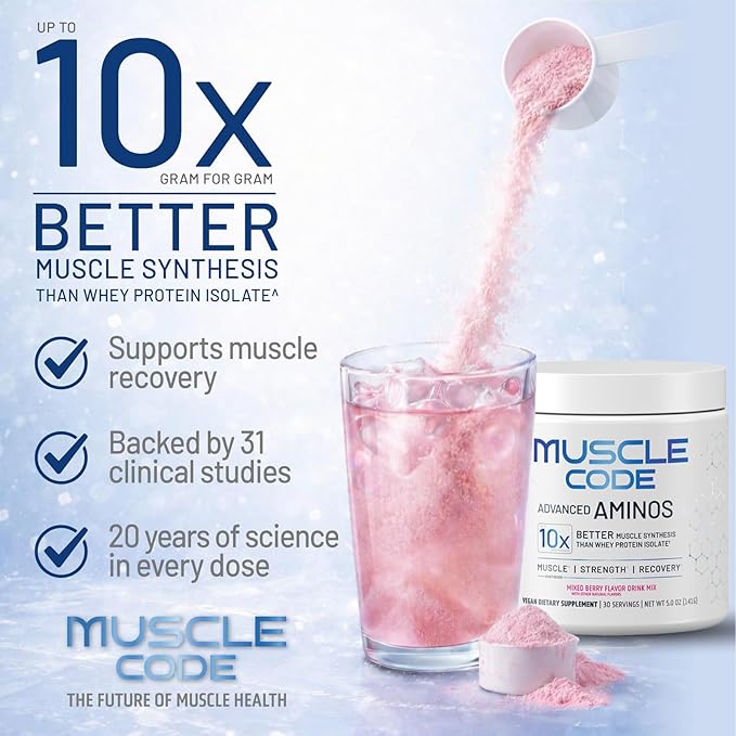 Muscle Code Essential Amino Acid Powder – Muscle Synthesis & Recovery & Strength – Natural Mixed Berry flavor – 30 Servings – Clinically Studied – 0g Sugar, Keto, Vegan, Gluten Free, Dairy Free