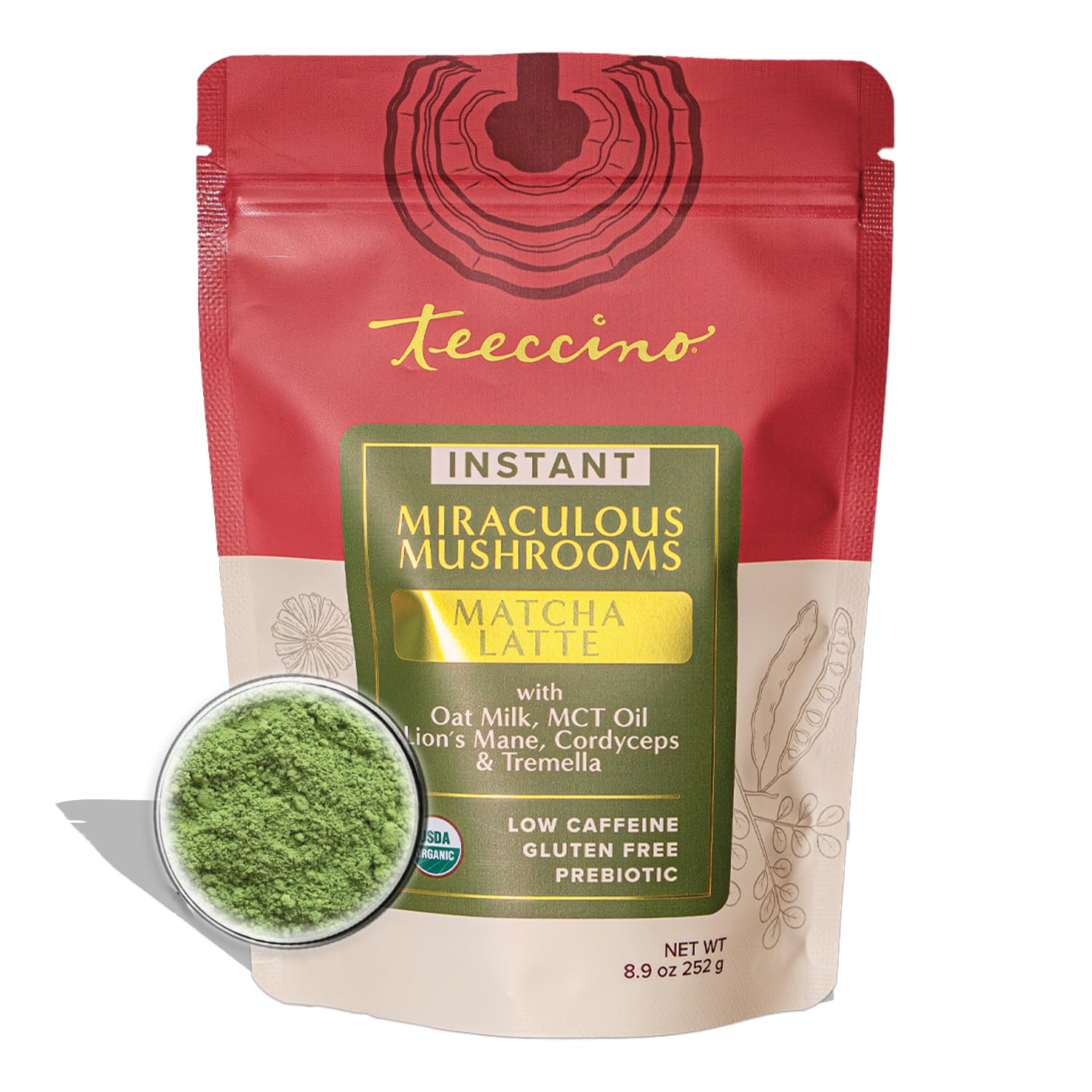 Miraculous Mushrooms Instant Matcha Latte by Teeccino – 12 servings - Organic Matcha Latte with MCT Oil and Adaptogenic Mushrooms - Lion’s Mane, Cordyceps & Tremella – Antioxidants, Low Caffeine, Prebiotic - 8.9 ounces