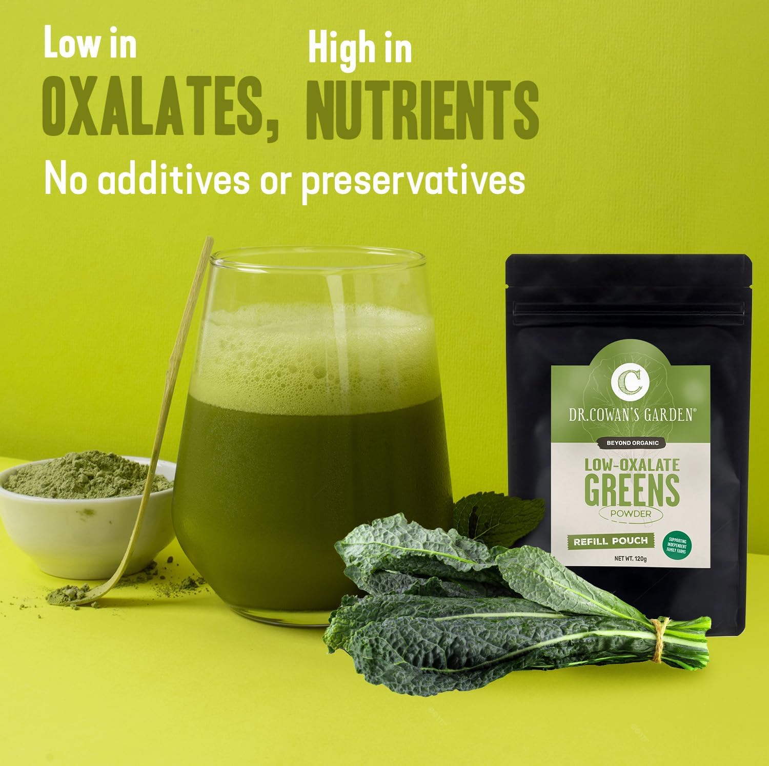 Dr. Cowan's Garden Low-Oxalate Greens Veggie Powder Refill Pouch - Beyond Organic Superfood Greens Vegetable Powder for Drinks and Food - Lacinato Kale, Mustard Leaves, and Collard Greens