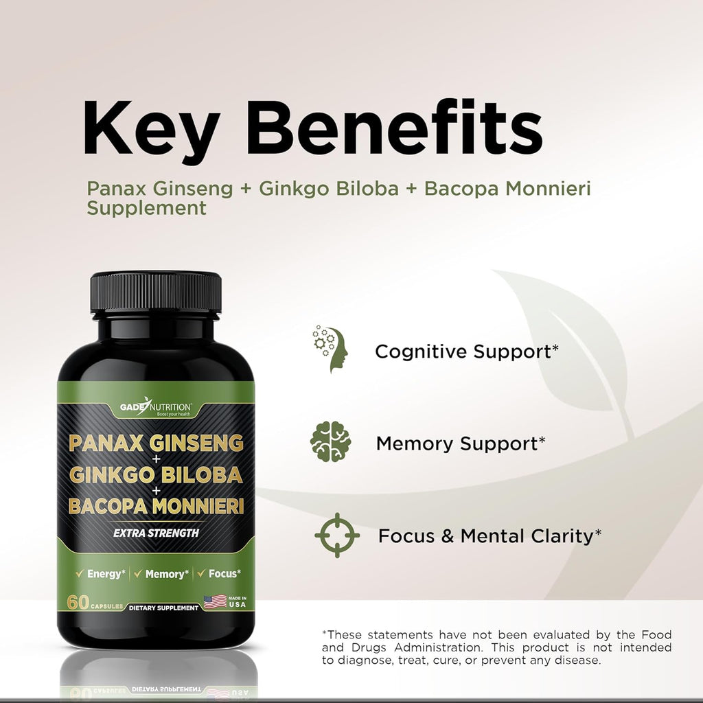 Gade Nutrition Ginkgo Biloba with Ginseng Supplement and Bacopa Monnieri | Brain Supplements for Memory and Focus with panax Ginseng & Ginko biloba Capsules - Memory Supplement for Brain