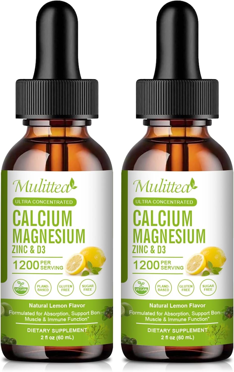 Calcium Magnesium Zinc Liquid with Vitamin D3, Magnesium Glycinate Plus Vitamin C K2| High Absorption Plant Calcium Supplement for Heart & Bone| Gluten Free，Sugar-Free | 60 Servings | Lemon Flavor