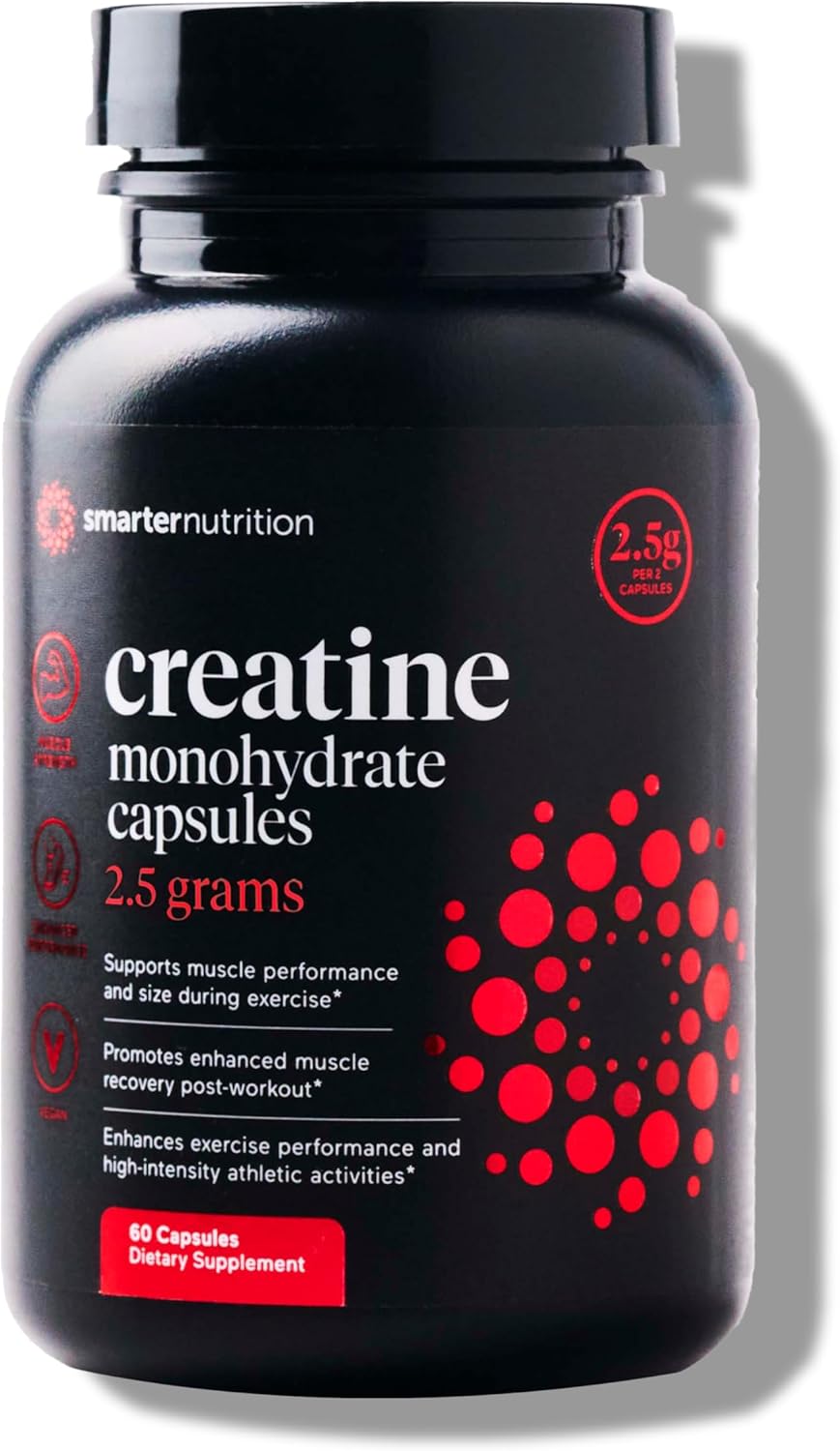 SMARTERNUTRITION Creatine Monohydrate Pills with 2500mg (2.5g) Per Serving, Vegan Capsules - Pre & Post Workout Recovery Support, Promotes Muscle Mass &. Endurance - 60 Count[30-Day Supply]