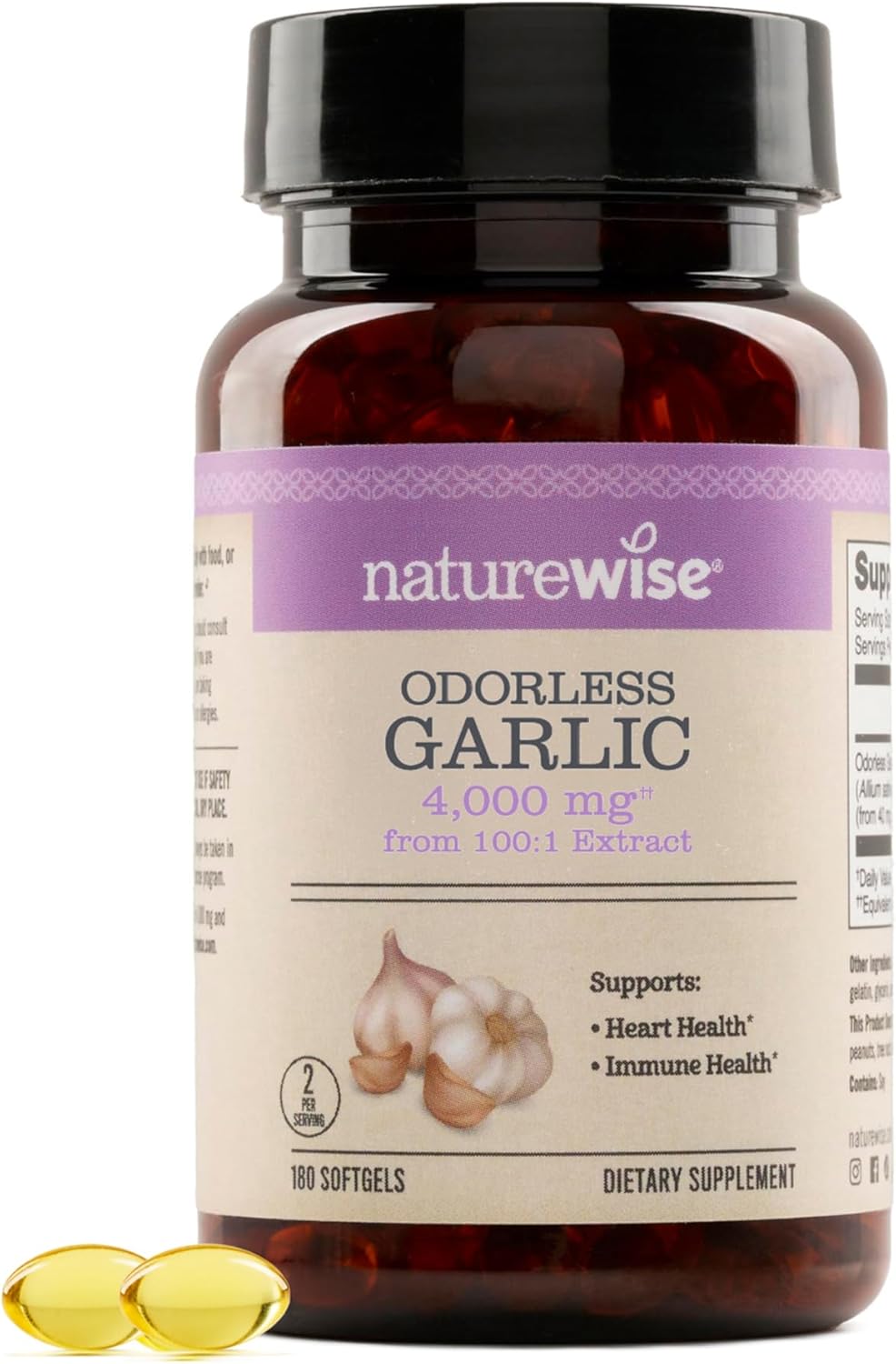 NatureWise Odorless Garlic Supplement 4000mg - Ultra Potent 100:1 Extract - Healthy Cholesterol Formula, Heart Health Support - Non-GMO, Gluten Free, with Halal Gelatin - 180 Count[90-Day Supply]
