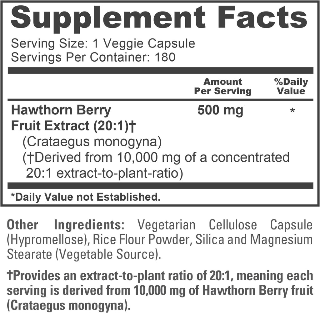 NusaPure Hawthorn Berry 20:1 Extract, 500 mg Equivalent to 10,000 mg 180 Veg Caps, Suitable for Vegetarians, Vegan, Non-GMO Dietary Supplement