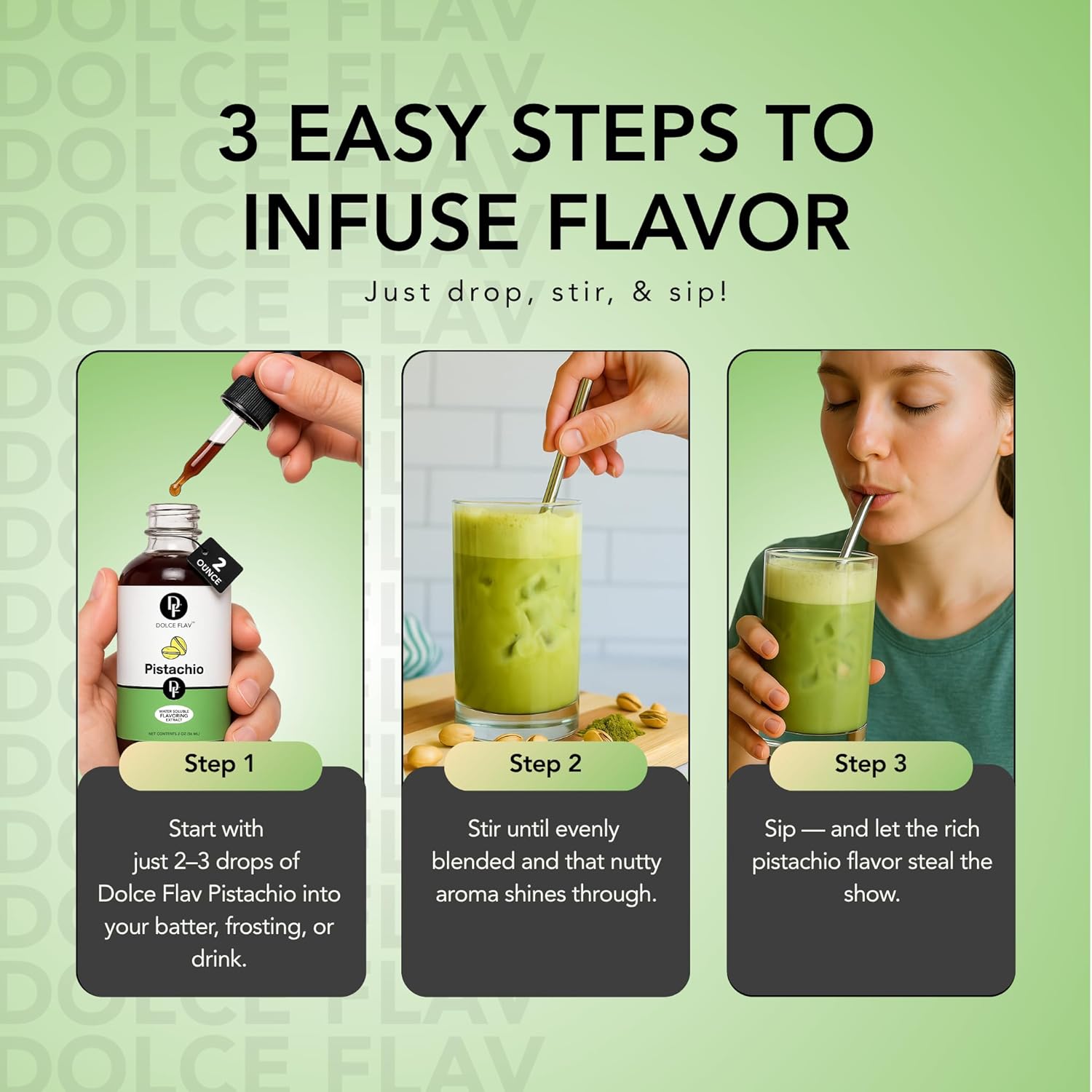 Dolce Flav Pistachio Extract – 8 Ounce Water-Soluble Kosher, Sugar-Free, Concentrated Nutty Pistachio Flavor for Baking, Ice Cream & Pastries, Includes Measured Dropper