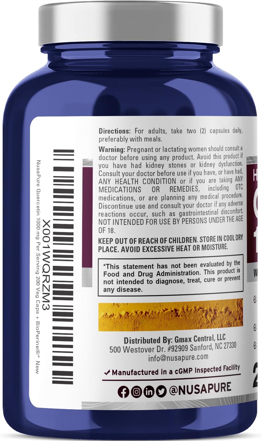 NusaPure Quercetin 1000mg - 200 Veggie Caps (Non-GMO, Vegan, Vegetarian) Bioperine