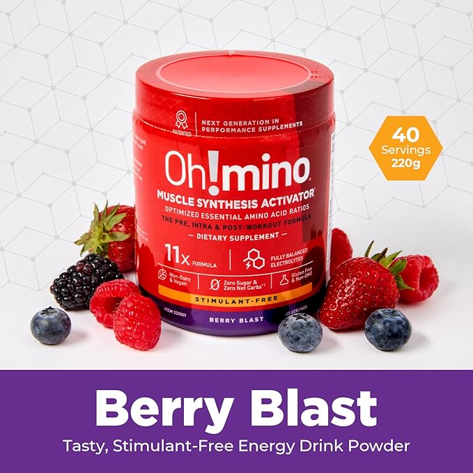 Oh!mino Essential Amino Acids Supplement, Berry Blast, Stimulant-Free Powder, All 9 EAAs, BCAAs and The Perfect Amino for Workouts, Amino Energy, and to Build Muscle, and Recover Faster