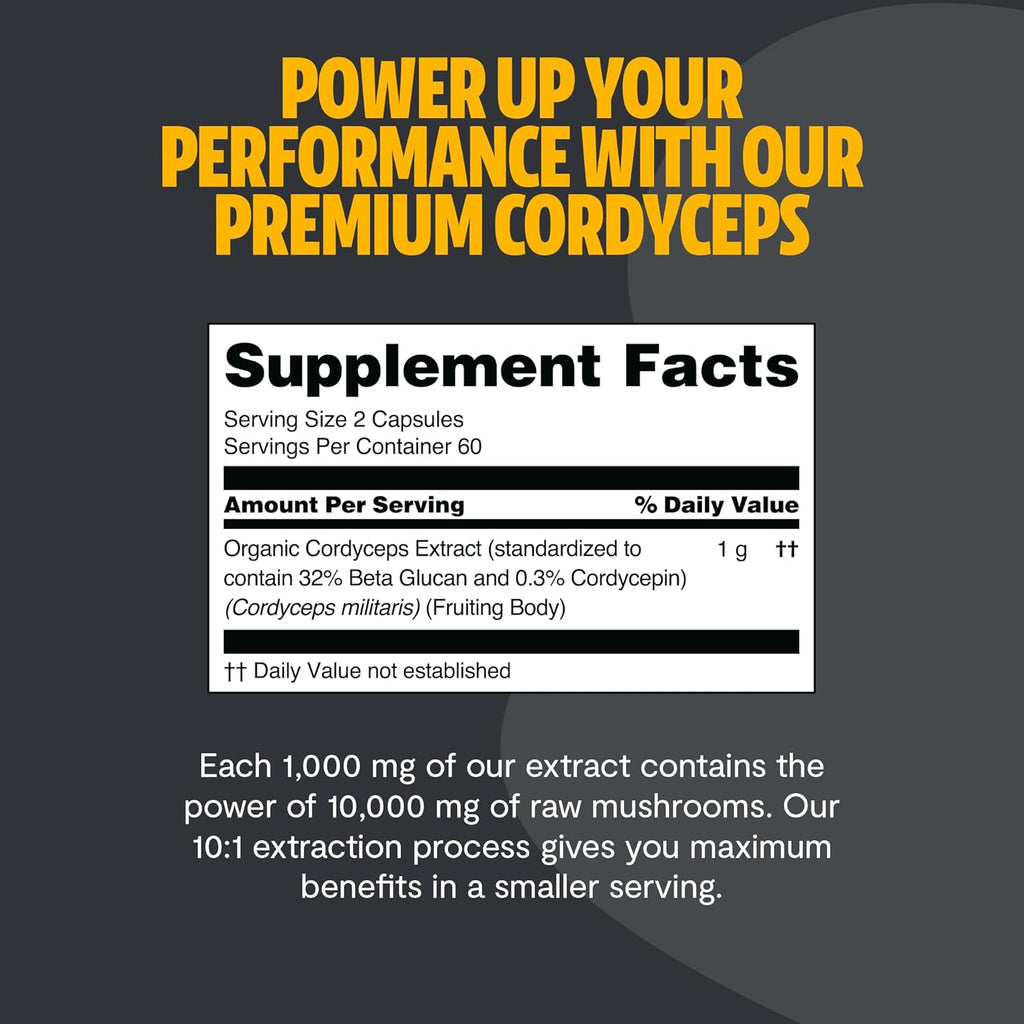 FreshCap Mushrooms Cordyceps Mushroom Capsules 10,000mg - Mushroom Extract, Energy Supplements, Ayurveda Nootropic Mushroom Supplements (120 Capsules)