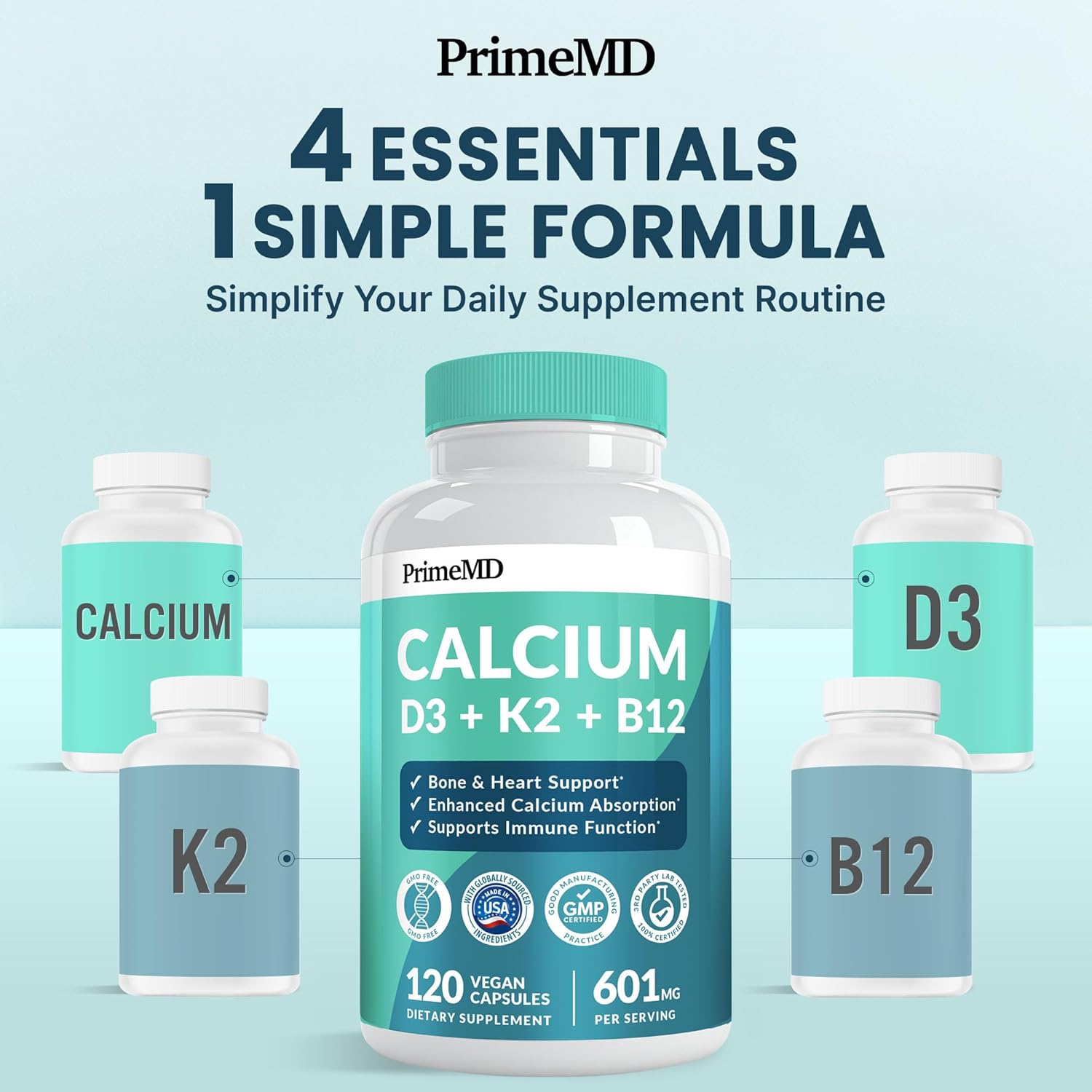 4-in-1 Calcium Supplements for Women and Men - Calcium with Vitamin D3 K2 5000 IU Supplement, 601mg per Serving - Gluten-Free, Vegan-Friendly (120 ct)