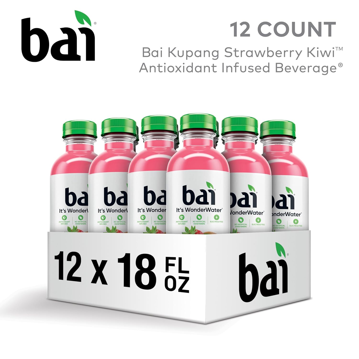 Bai Antioxidant Infused Water Beverage, Kupang Strawberry Kiwi, with Vitamin C and No Artificial Sweeteners, 18 Fluid Ounce Bottle, 12 Pack