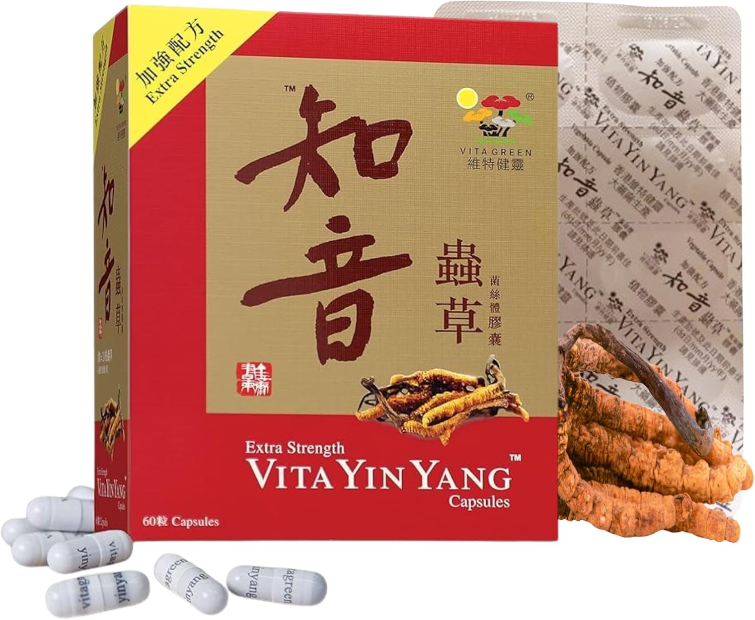 Vita Green Yin Yang Cordyceps Mycelium Herbal Supplement (知音蟲草) - Supports Respiratory Wellness, Energy, and Liver & Kidney Health - 60 Capsules