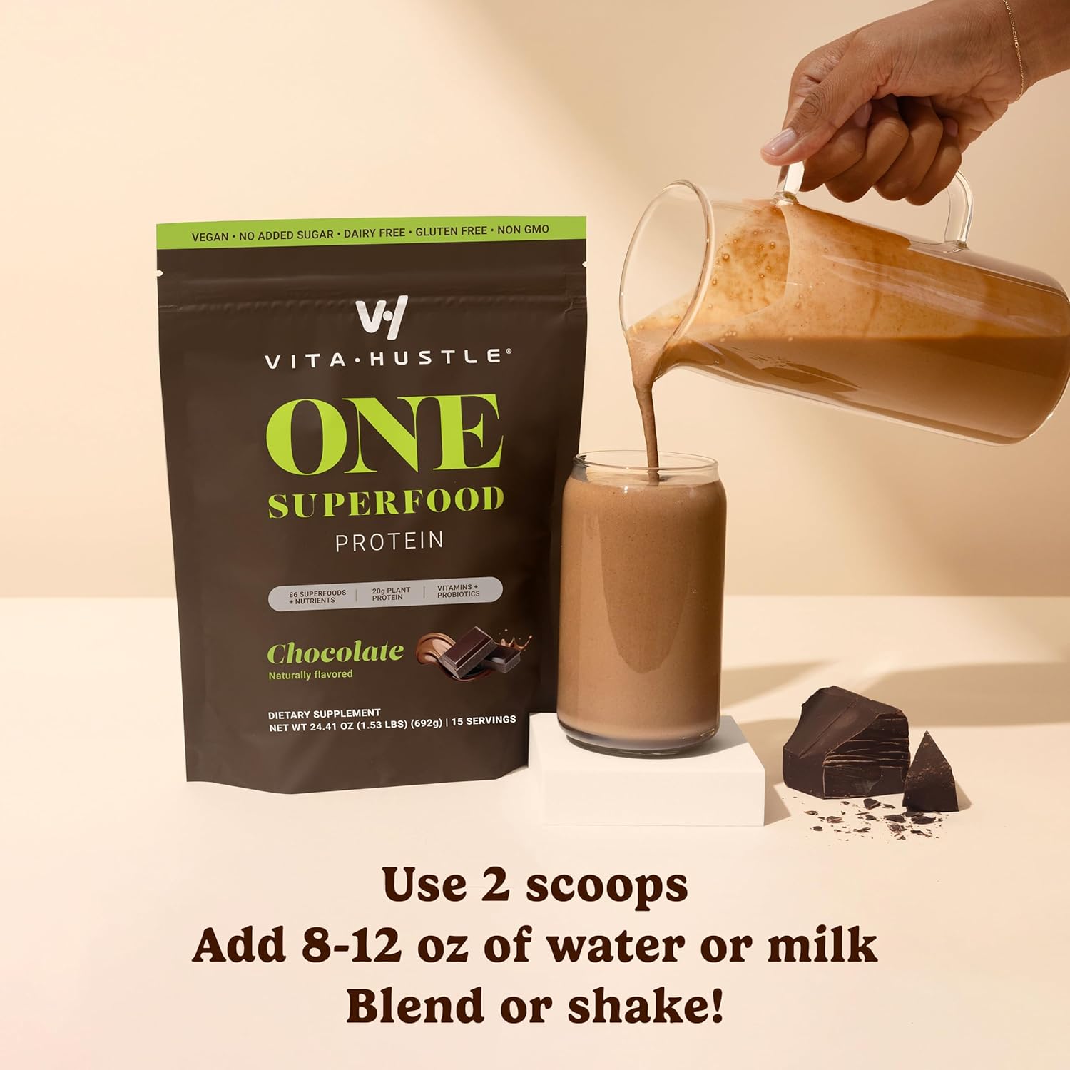 VitaHustle All-in-One Nutrition Shake, Choc Peanut Butter Banana - Plant Based Protein Powder by Kevin Hart – Vegan Meal Replacement Shake with KSM66 Ashwagandha & 86+ Superfoods - Organic Meal Replacement Powder