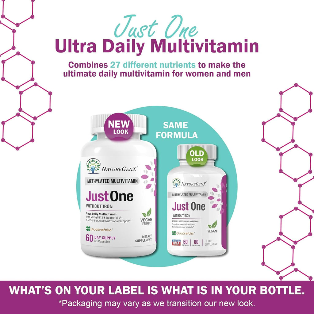 Just One Daily Methylated Multivitamin - 60 Caps Pure Methyl B12, Methylfolate MTHFR Support Supplement Iron Free Methylated Vitamins for Men & Women 2 Months Supply Gluten Free