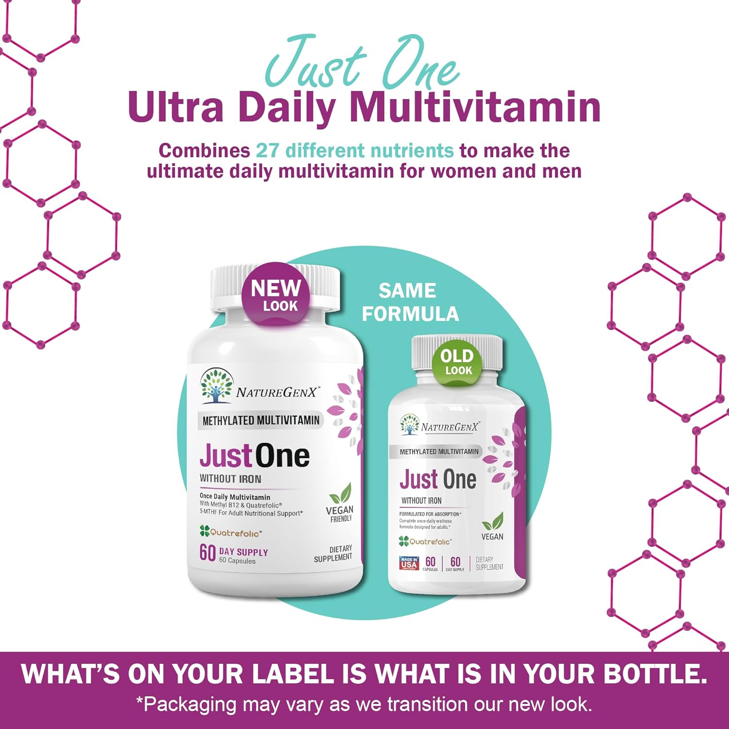Just One Daily Methylated Multivitamin - 60 Caps Pure Methyl B12, Methylfolate MTHFR Support Supplement Iron Free Methylated Vitamins for Men & Women 2 Months Supply Gluten Free