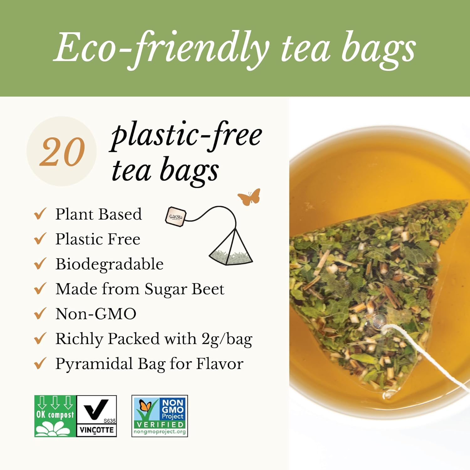 Organic Lemon Balm Tea - Caffeine Free Calming Herbal Tea - Pharmacopoeia Potency - 20 Plant Based Tea Bags