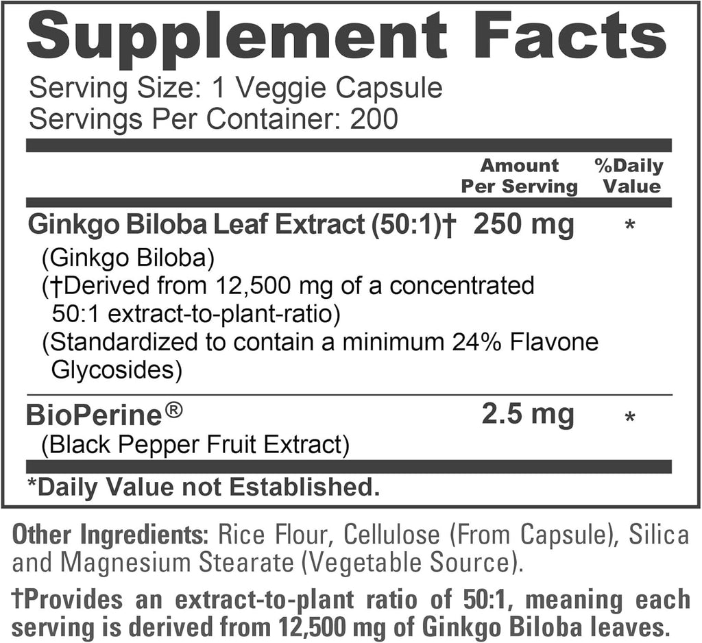 NusaPure Ginkgo Biloba 50:1 Extract, 250 mg Equivalent to 12,500 mg per Veggie Caps 200 Capsules (Vegetarian, Non-GMO, Vegan) Bioperine