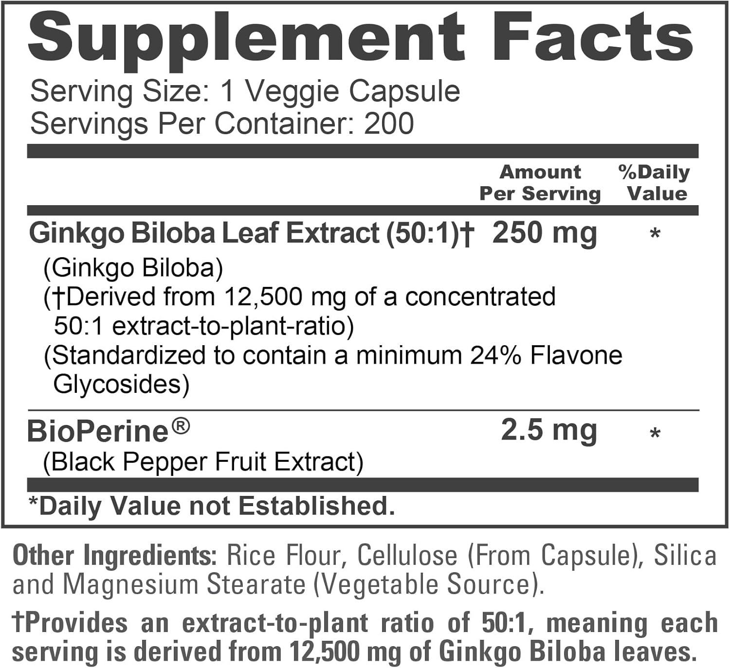 NusaPure Ginkgo Biloba 50:1 Extract, 250 mg Equivalent to 12,500 mg per Veggie Caps 200 Capsules (Vegetarian, Non-GMO, Vegan) Bioperine