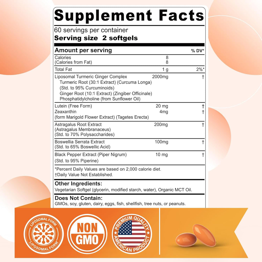 Liposomal Turmeric Curcumin Supplement for Superior Absorption, Turmeric and Ginger Softgel 2000mg with Black Pepper and 20mg Lutein Zeaxanthin, Supports Healthy Response & Eye, Non-GMO, 120 Pills