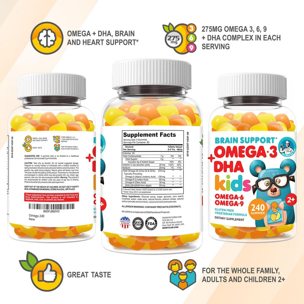 DR. MORITZ Vegan Omega 3 Gummies for Kids and Toddlers (240 Count), Kids Omega 3 Gummies for Brain & Heart Health, No Fish Oil & Gluten Free