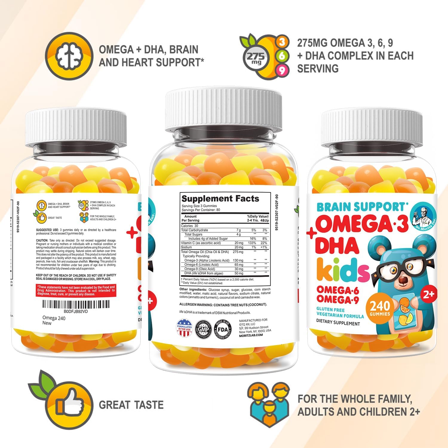 DR. MORITZ Vegan Omega 3 Gummies for Kids and Toddlers (240 Count), Kids Omega 3 Gummies for Brain & Heart Health, No Fish Oil & Gluten Free