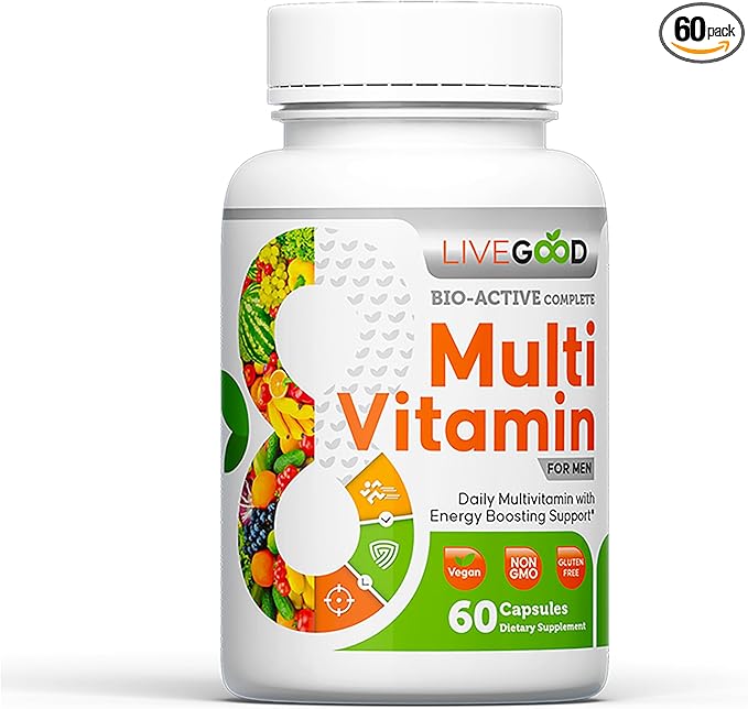 LiveGood Bio-Active Complete Multivitamin for Men, Daily Men’s Multi with 24 Essential Vitamins and Minerals for Energy, Immunity, Heart and Bone Support, Complete Men’s Formula (60 Capsules)