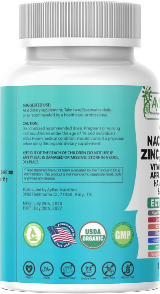 NAC-n-acetyl cysteine- Quercetin Zinc Bromelain Supplement | Extra Strength with Vit C, D3, Apple Cider Vinegar, Elderberry, Hawthorn Berry, Turmeric | Immune Support|120 Vegan Capsules | USDA Organic