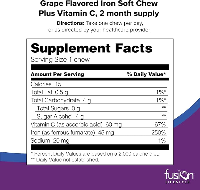 Chewable Iron Supplement for Women & Men - Grape Flavor, Iron Vitamin C Soft Chew for Max Absorption, Iron as Ferrous Fumarate, Ideal for Anemia and Iron Deficiency, 2 Month Supply