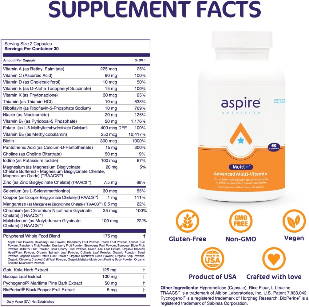 Aspire Multi+™ Advanced Multivitamin for Men, Women & Kids - Best Supplement for Focus, Attention, Memory, Mood. More Absorbent Nutrients, Minerals and Vitamins - All Natural