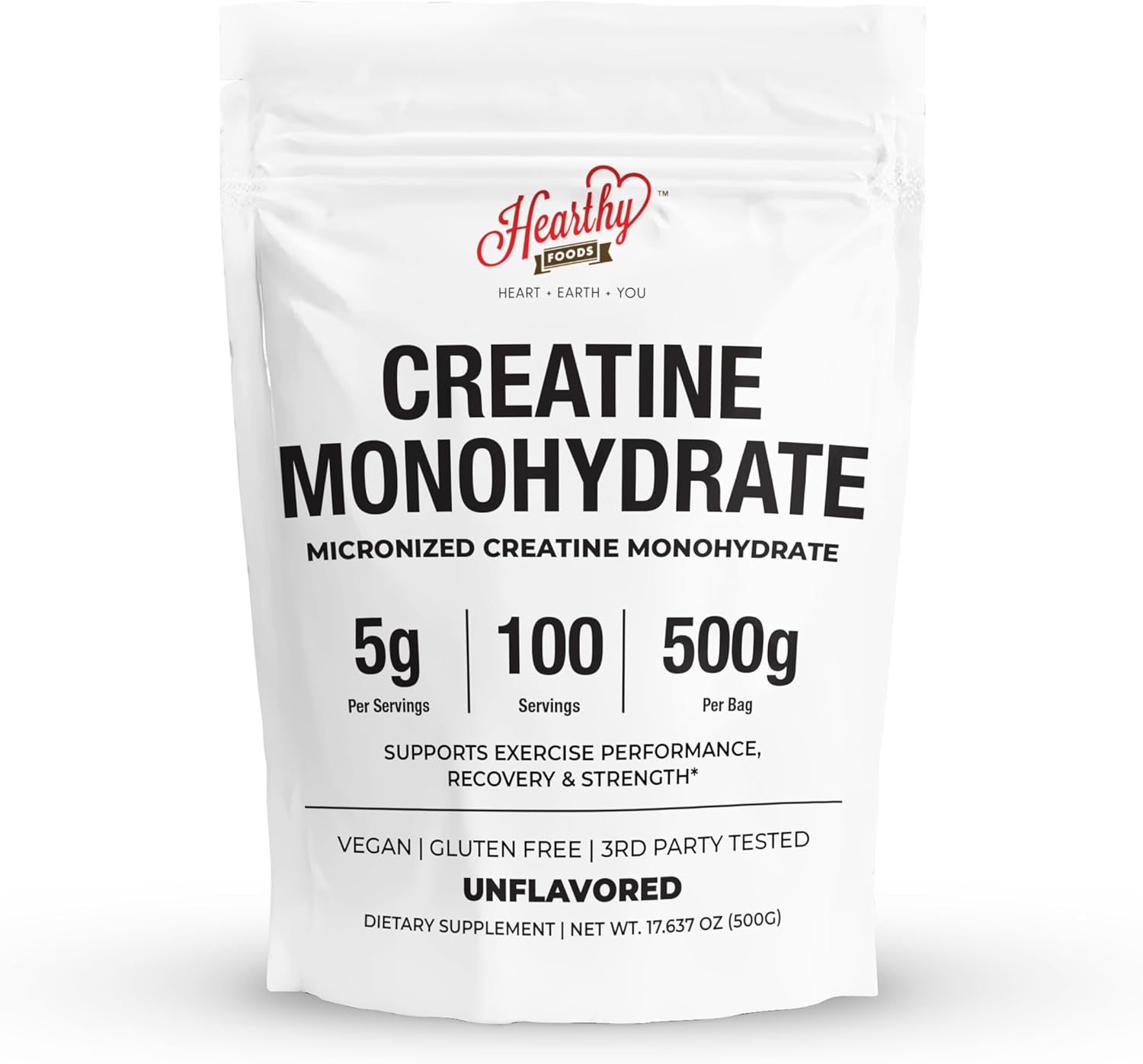 HEARTHY FOODS Creatine Monohydrate Micronized Powder 500G - 100 Servings, 5000mg Per Serving (5g) - 17.64 Oz for Men & Women Muscle Growth & Recovery - UNFLAVORED