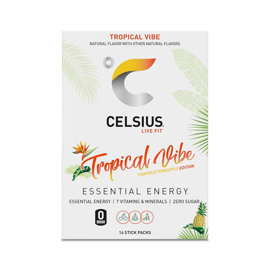 CELSIUS On The Go TROPICAL VIBE, Sugar Free Energy Drink Mix (14 Sticks per Pack) (Pack of 2)
